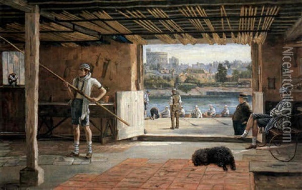 Eton Boat House, View Of Windsor Castle Oil Painting - Henry Jamyn Brooks