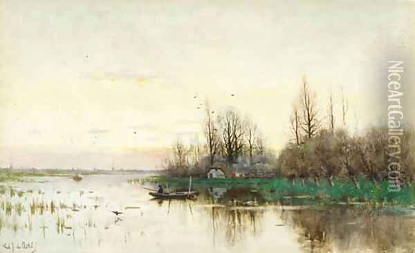 An autumn afternoon with an angler in a rowing boat Oil Painting - Fredericus Jacobus Van Rossum Chattel