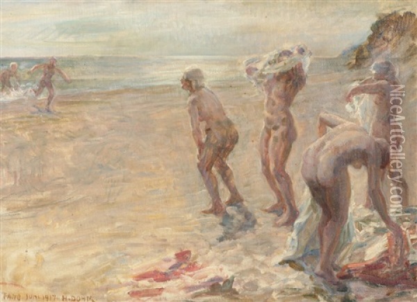 Beach Guests On Fanoe Oil Painting - Heinrich Dohm