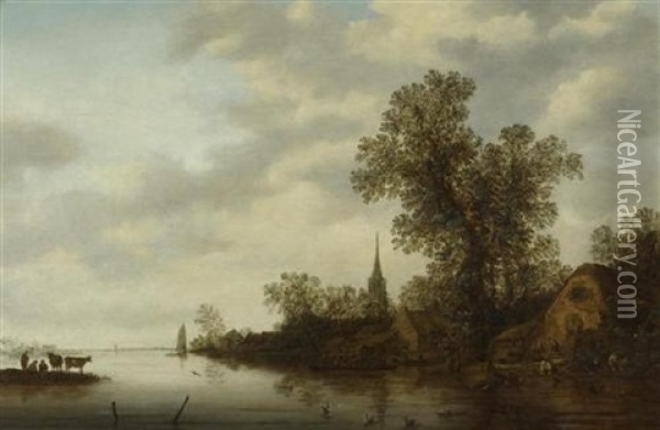Weite Flusslandschaft Mit Kuhen Oil Painting - Frans de Hulst