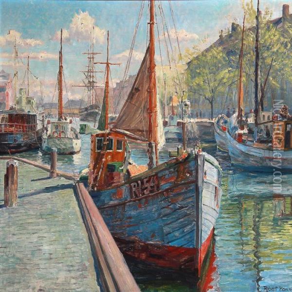Fishing Boats In Christianshavn, Copenhagen Harbour Oil Painting - Robert Panitzsch