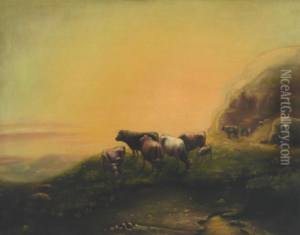 Cattle Grazing In The Mountains Oil Painting - Alexander M. Fleming