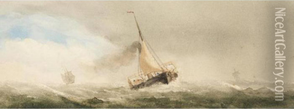 Yacht In Full Sail; Steam Barge In High Seas Oil Painting - Charles Taylor