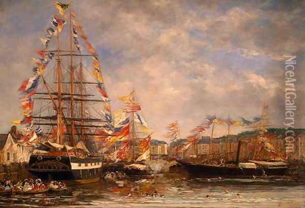 Festival in the Harbor of Honfleur Oil Painting - Eugene Boudin