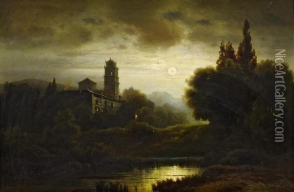 Romantic Landscape Under A Full Moon Oil Painting - Friedrich Carl Mayer