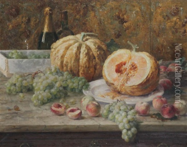 Stilleven Met Pompoenen, Druiven En Perziken Op Dessertcommode Oil Painting - Joseph De Belder