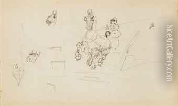 Trois Feuilles D'etudes Representant Des Caricatures, Des Chevaux,des Chiens Et Des Cochons Oil Painting - Rene Pierre Princeteau