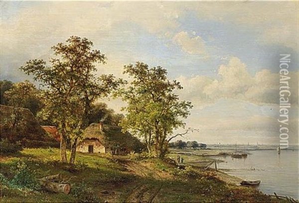 A Summer Landscape With Travellers Along A River Oil Painting - Claus Hendrik Meiners