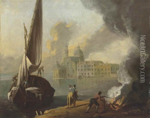 San Michele, Venice, With A Boat Docking And Figures Lighting A Fire On The Shore In The Foreground Oil Painting - Giovanni Richter