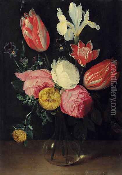 Roses, tulips, an iris, pansies and an anemone in a glass vase Oil Painting - Jan van Kessel