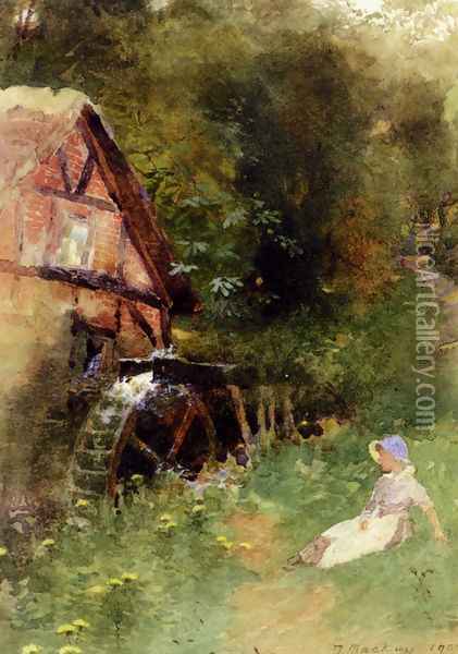 A Young Girl Seated Near A Watermill Oil Painting - Thomas Mackay