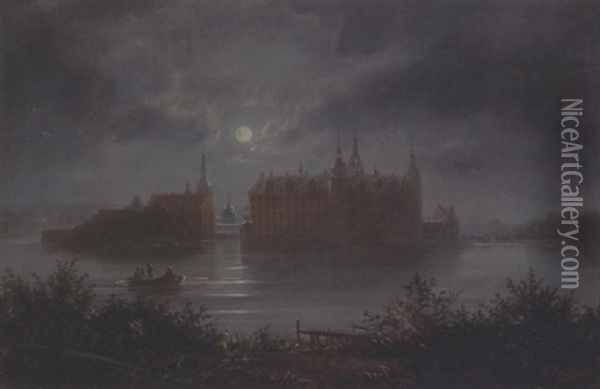 Fuldmanelys Over Frederiksborg Slot Oil Painting - Ferdinand Richardt