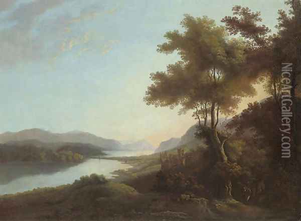 A mountainous wooded river landscape with a figure on a track and a castle beyond Oil Painting - Alexander Nasmyth