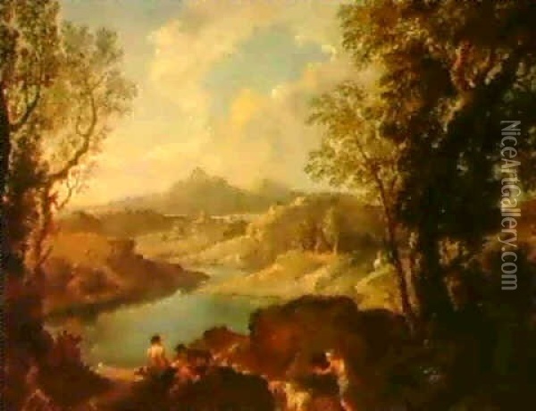 An Italianate Landscape With Figures By A River Oil Painting - Andrea Locatelli