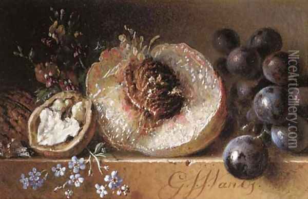 Walnuts, peach and grapes on a stone ledge Oil Painting - George Jacobus Johannes Van Os