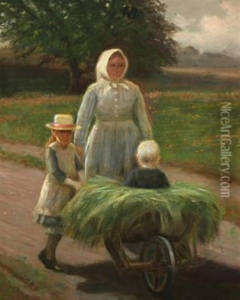 Mother With Her Children And A Wheelbarrow Oil Painting - Hans Ole Brasen