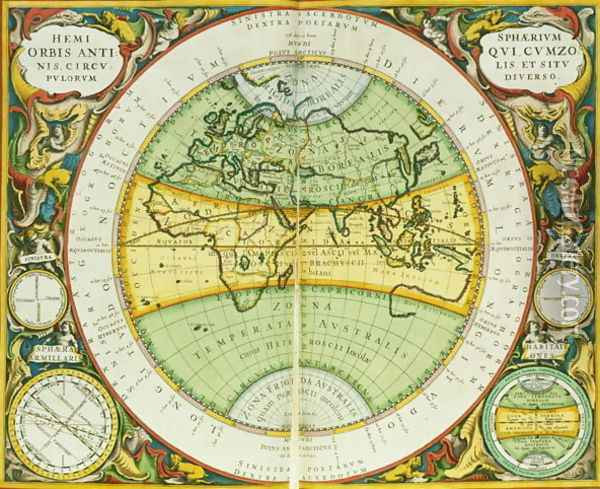 Ancient Hemispheres of the World, plate 94 from 'The Celestial Atlas, or the Harmony of the Universe' Oil Painting - Andreas Cellarius