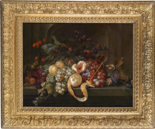 Ein Stillleben Mit Fruchten Und Nussen Auf Einem Steintisch Oil Painting - Jan Davidsz De Heem