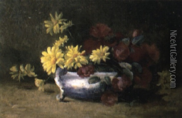 Yellow Chrysanthemums And Red Roses... Oil Painting - Frans David Oerder