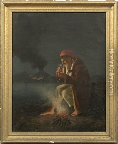 Peasant Smoking Pipe, Mount Vesuvius Vistible In The Distance Oil Painting - Gaetano Mormile