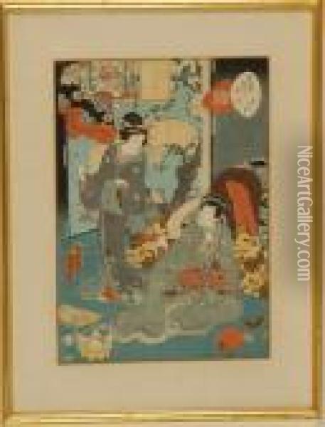 Scene Of A Woman Pouring Sake For A Seated Gentleman Oil Painting - Kunisada