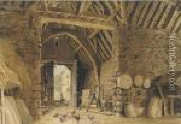 Interior Of A Barn With Chickens Oil Painting - William Henry Hunt