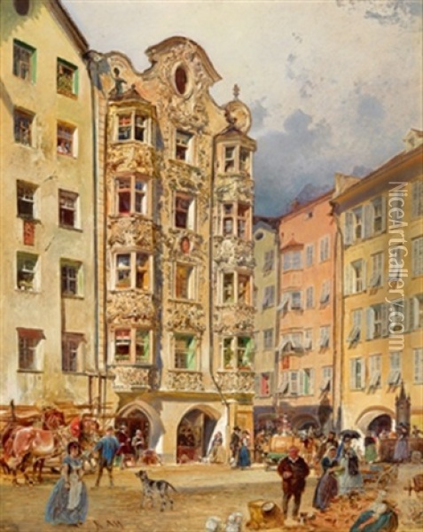 Markttag Vor Dem Helbling Haus In Innsbruck Oil Painting - Rudolf von Alt