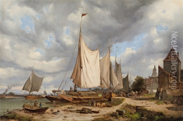 Hafenansicht Mit Lastkahnen Oil Painting - Julius Karl von Leypold