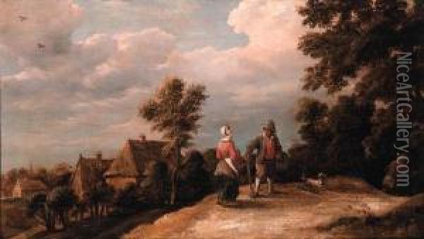 Peasants Returning From Market On A Sandy Path By A Village Oil Painting - Thomas Van Apshoven