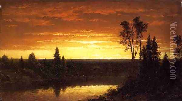 River Sunset - View of the Catskills Oil Painting - John William Casilear