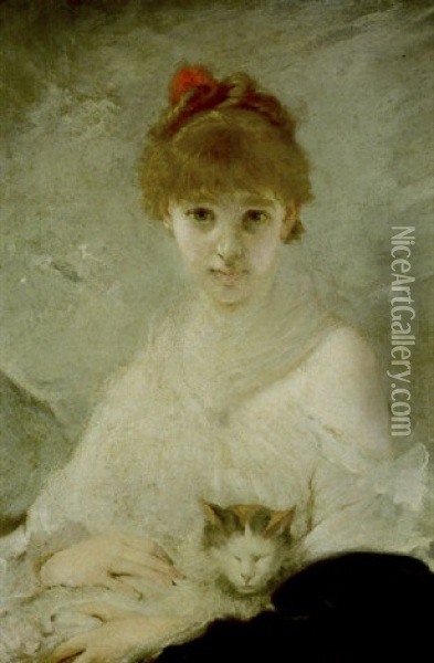 Lady With A Cat Oil Painting - Charles Joshua Chaplin