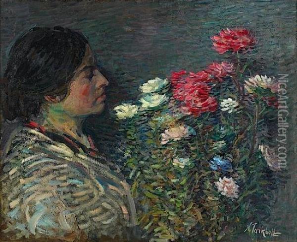 Madame Tarkhoff Au Bouquet De Fleurs Oil Painting - Nicolas Tarkhoff
