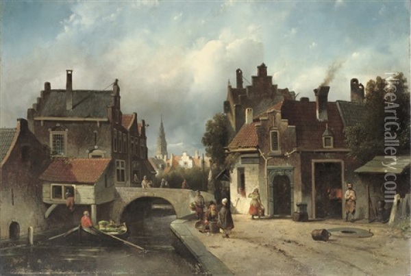 A Smithy By A Dutch Canal Oil Painting - Adrianus Jacobus Vrolyk