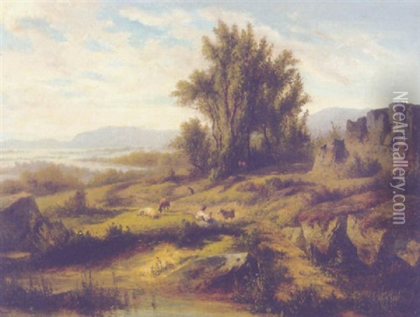 Felsige Landschaft Mit Hirte Und Vieh Oil Painting - Eduard Von Weeber