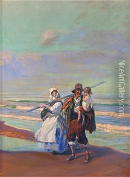 Familia En La Playa De La Malvarrosa Oil Painting - Jose Mongrell Torrent