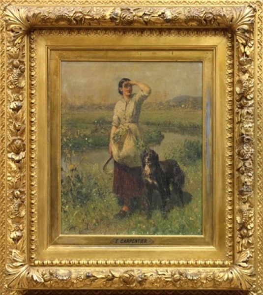 Portrait Of A Woman And Her Dog Oil Painting - Evariste Carpentier