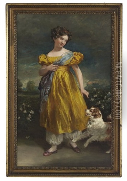 The Yellow Dress - Portrait Of A Young Girl And Her Dog Oil Painting - Thomas Lawrence
