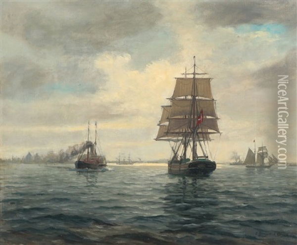 Seascape With Danish Sailing Ships Oil Painting - Christian Benjamin Olsen