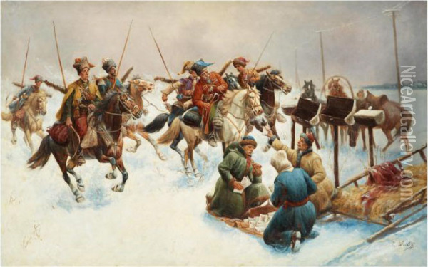 Cossacks In A Vinter Lanscape Oil Painting - Adolf Baumgartner