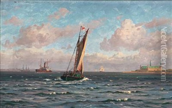 Summer Day With Sailing Ships Near Kronborg Castle Oil Painting - Vilhelm Karl Ferdinand Arnesen