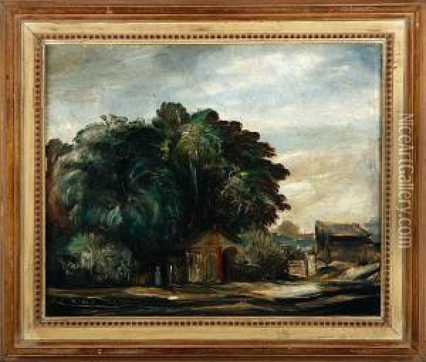 A Landscape Scenery With Houses And Figures. Signed Oil Painting - Gosta Nordblad