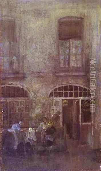 White And Grey The Hotel Courtyard Dieppe 1885 Oil Painting - James Abbott McNeill Whistler