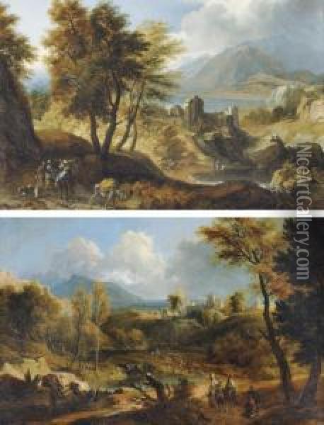 A Mountainous River Landscape 
With Travellers On A Track, A Fortified Town Beyond; And A Mountainous 
Wooded Landscape With Travellers Near A Lake, A Town Beyond Oil Painting - Joachim-Franz Beich