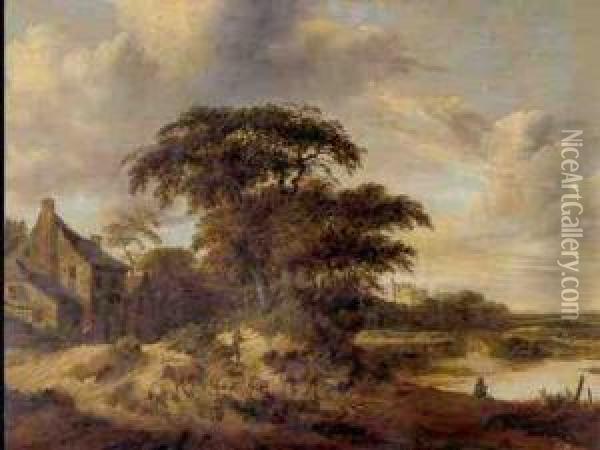 River Landscape With A Farmstead Oil Painting - Roelof van Vries