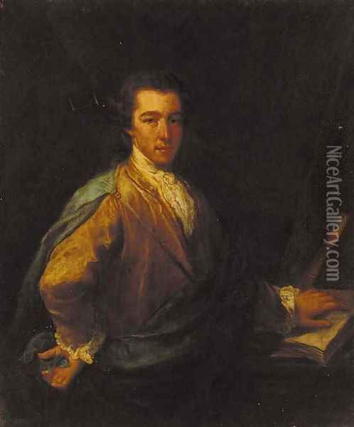 Portrait of a gentleman, three-quarter-length, in a brown coat and blue mantle, his left hand resting on a book Oil Painting - Angelica Kauffmann