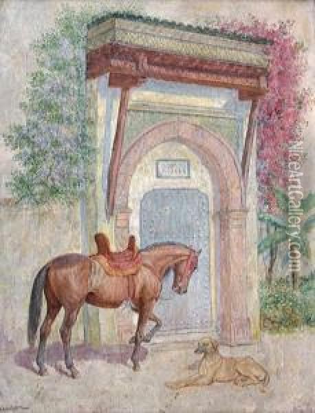 Cheval Selle Et Chien Pres D'une Porte Enalgerie Oil Painting - John-Lewis Shonborn