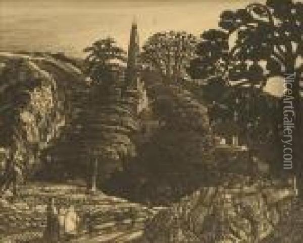 Eventide,figures Approaching A Church Oil Painting - Samuel Palmer