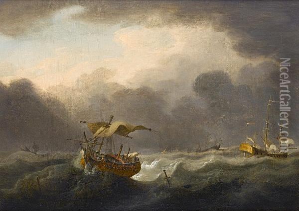 A Frigate And Other Shipping In Choppy Seas Oil Painting - Willem van de, the Elder Velde