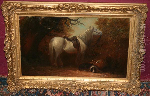 Woodland Scene With A Grey Horse And A Dog Oil Painting - Edward Robert Smythe