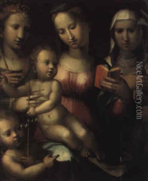 Madonna Col Bambino E I Santi Giovannino, Anna E Caterina Oil Painting - Giorgio Di Giovanni